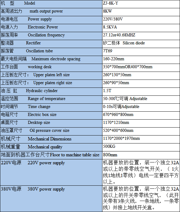 油壓式高周波機技術參數(shù)